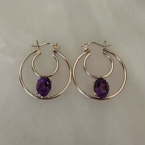 14k Solid Gold Amethyst Double Hoop  Earrings